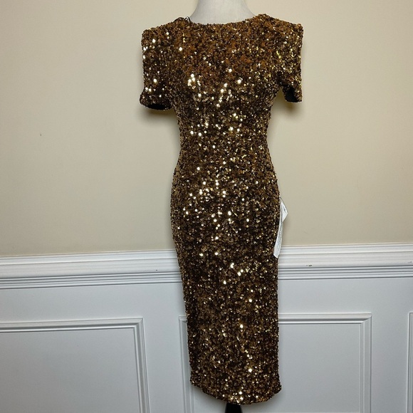 Dress The Population Natasha Gold Sequin Sheath Midi Cocktail Dress Size Small - Picture 1 of 8